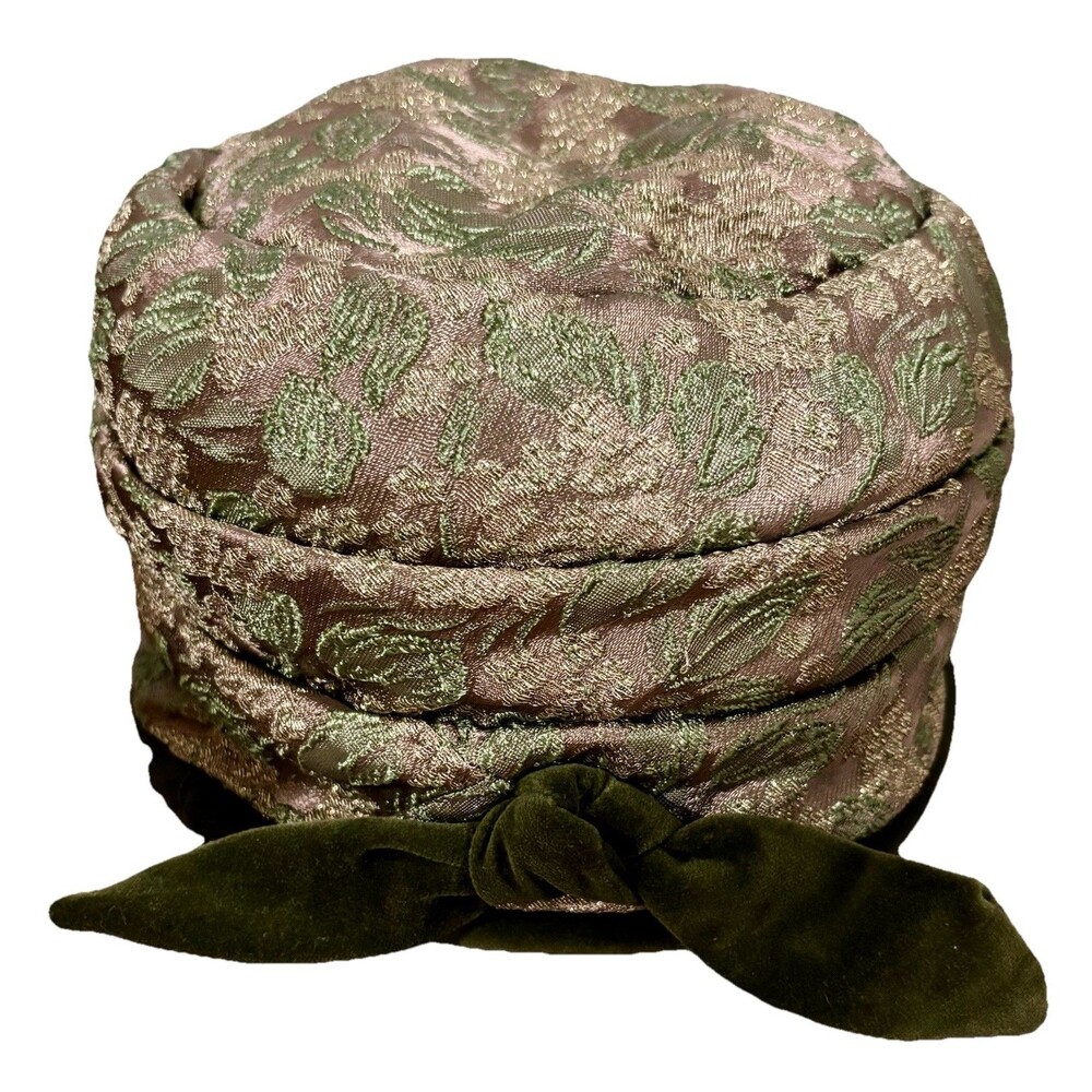 Antique 1930s Art Deco Metallic Brocade Toque Hat Green Velvet Bow & Box